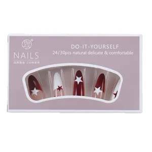 Star pattern French press-on nails set in red and white with professional packaging