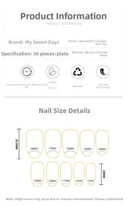 Detailed size chart for press-on nails showing 30 pieces with width 9-18mm and length 25.5mm