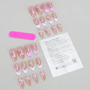 Kit di 24 unghie finte a mandorla con labbra rosa, fiocchi e perle con accessori