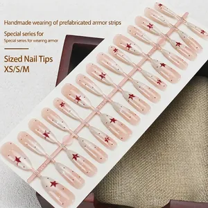 Pink gradient press-on nails with red stars, set of 30 reusable handmade nail tips