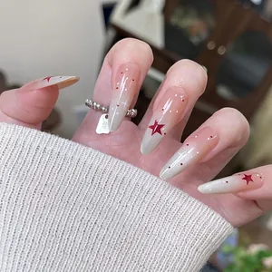 Chic stiletto press-on nails with pink gradient and red star patterns, 30 pieces set