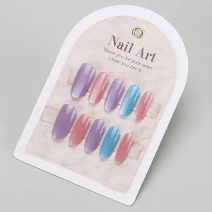 Cat eye pearl false nails in purple pink and blue long oval press on nails set