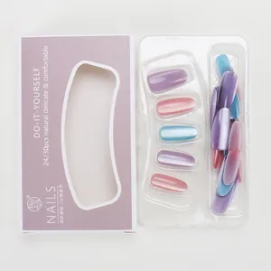 Detail view of 24pcs cat eye gradient press-on nails with blue-pink finish and packaging