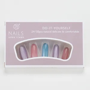 Detail view of handmade cat-eye press-on nails in purple and blue gradient packaging