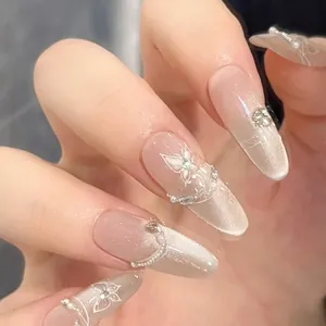Cat eye press-on nails with 3D butterfly, pearls, and crystals in 30pcs set