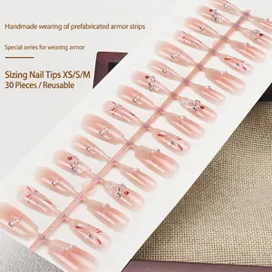 Handmade cat eye press-on nails with rhinestone fireworks for summer, 30 reusable pieces