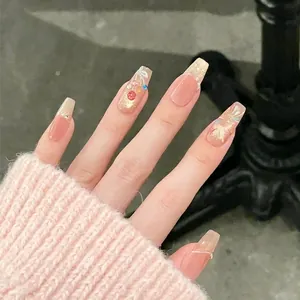 30pcs champagne glitter french coffin press on nails with colorful rhinestones decoration