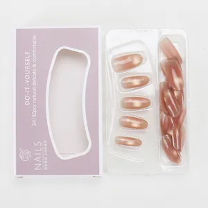 Detailed view of caramel gradient press-on nails with 30pcs packaging for quick manicure