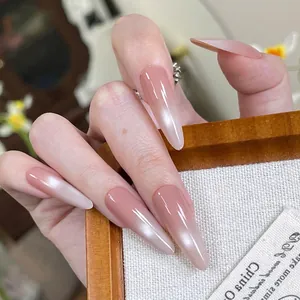 30pcs long almond press on nails with nude pink gradient and glossy cat eye finish