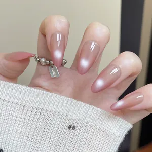 Pink Gradient Cat Eye Press On Nails Almond Shape Glossy Full Cover Fake Nails Set For Women Girls Manicure Decoration
