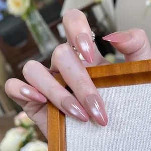 Elegant cat eye gradient press-on nails in nude pink, long almond shape for women