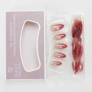 Detail of burgundy gradient press-on nails set in elegant packaging with 24-30 pieces