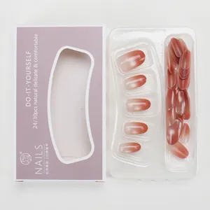 Gradient bean paste press-on nails set with long oval shape in pink paper box packaging
