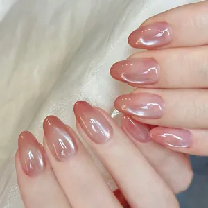 Women Elegant Pink Ombre Cat Eye Press On Nails Reusable ABS Resin Almond Shape Full Cover False Nails For Daily Dating