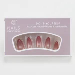 Detailed box packaging of pink cat-eye gradient press-on nails in almond shape