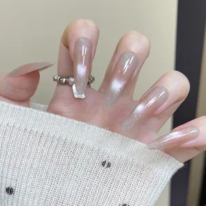 Cat Eye Blush Gradient Press On Nails Long Almond Stiletto Shape Pink Nude Glitter Fake Nails For Women DIY Manicure