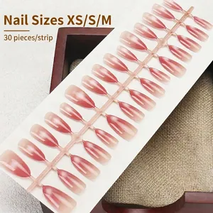 Pink gradient cat eye press-on nails set with 30 pieces in oval shape and jelly texture