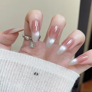 French Cat Eye Press On Nails Nude Pink Silver Gradient Elegant ABS Resin Artificial Nails For Women DIY Manicure Kit