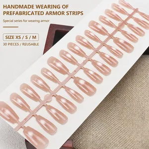 Handmade nude pink cat eye press-on nails in ballerina shape, 30 pieces set with XS/S/M sizes