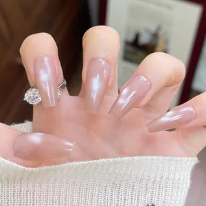 Nude Pink Cat Eye Press On Nails Long Coffin Handmade Artificial Fake Nail Tips For Women Daily Party Manicure Decoration