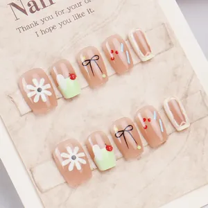 Fresh Summer Floral Bow Press On Nails Handmade Short Square Round Shape Resin Fake Nails For Women Daily Decorative Manicure