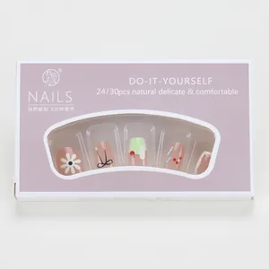 Detail view of DIY press-on nails packaging with floral and bow designs in a purple box
