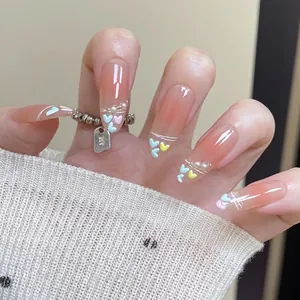 Handmade Heart Artificial Pearl Press On Nails Pink Gradient Almond Shape French False Nails For Women Sweet Cool Nail Art Decoration