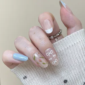 French Tip Press On Nails With Bowknot Floral Designs Blue White Sweet Cool Style Wearable False Nails For Women DIY Nail Art Decoration