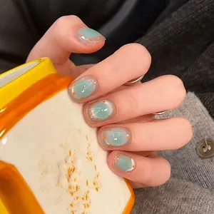Faux Ongles à Presser Français Œil de Chat Dégradé Bleu Vert Design à Pois Courts Ronds Faits à la Main Kit de Manucure Réutilisable Femme