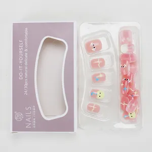 Faux ongles œil-de-chat roses avec motifs cartoon, étoiles et parapluies, kit 24/30pcs