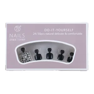 French black press-on toenails with sparkling diamond accents in lavender gift box