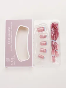 Detailed set of blue French cat eye press-on nails in light purple packaging box