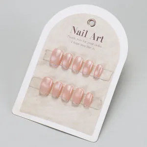 Handmade nude pink jelly press-on nails with silver glitter gradient and square-round shape