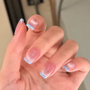 French Blue Edge Cat Eye Press On Nails Glossy Nude Pink Detachable Fake Nails For Women Fashion Summer Manicure Decoration