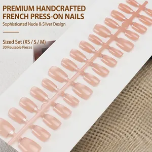 Handmade light pink gradient press-on nails with silver glitter edges, 30-piece set