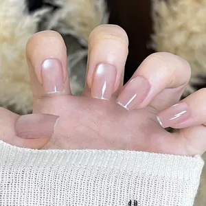 Handmade Cat Eye Press On Nails Nude Pink Gradient French Silver Glitter Short Square Round Fake Nails For Women Daily Decor