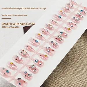 Set of 30 pink gradient handmade press-on nails with glitter and colorful rhinestones