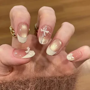 Faux Ongles Faits à la Main Oeil de Chat Avec Nœud Blanc 3D French Tip Or Champagne Nude Rose Pour Femme Manucure Art