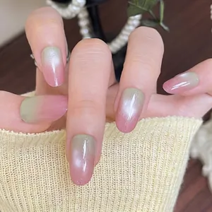 Summer Gradient Press On Nails Pink Green Cat Eye Shimmer Oval ABS Resin Fake Nails For Women Daily Party Sweet Cool Manicure