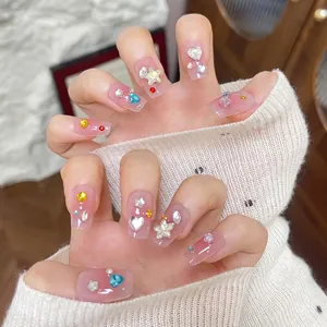 Pink jelly press-on nails with 3D colorful rhinestones and stars 30pcs set