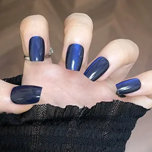 Handmade Midnight Blue Cat Eye Press On Nails Reusable Full Cover False Nails Simple Elegant Square Manicure Set For Women