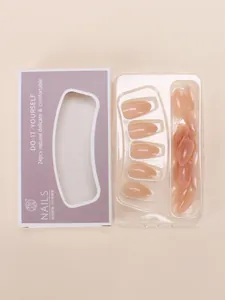 Detailed set of 24 nude pink gradient almond press-on nails in purple display box
