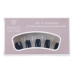 Navy blue press-on nail set in packaging box with 24-30 pieces for DIY manicure