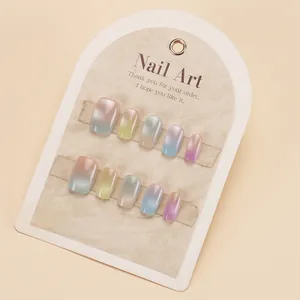 Handmade cat eye press-on nails set with macaron gradient colors and glitter finish