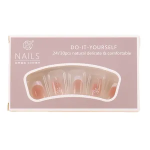 Pink gradient press-on nails with white French tips and silver butterfly accents