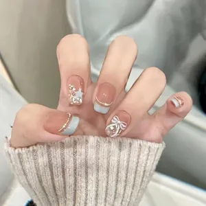 Handmade Press On Nails Short Square French Blue Cat Eye False Nails With 3D Bow Artificial Pearl Stars Sweet Women Fashion Manicure