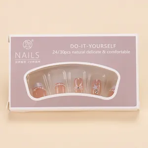 Cat-eye press-on nails with 3D bows and pearls, natural nude pink DIY manicure set