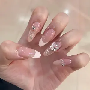 Handgefertigte Katzenauge Nägel zum Aufdrücken Lange Mandelform Französisch Nude Rosa Verlauf Falsche Nägel Mit Herz Strass 3D Nail Art Für Damen