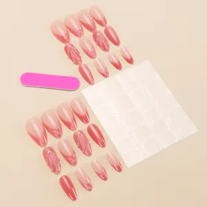 Rosa French Cat-Eye Kunstnägel Set mit Muschelstruktur und weißen Perlen Dekoren
