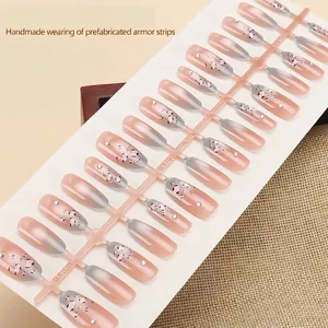Handmade leopard press-on nails with pink cat-eye base and rhinestones, 30pcs set